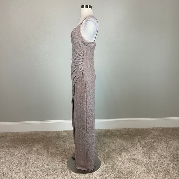 Betsy & Adam Metallic Knit Evening Gown Taupe Purple Size 6 Thigh Slit Formal - Picture 5 of 12